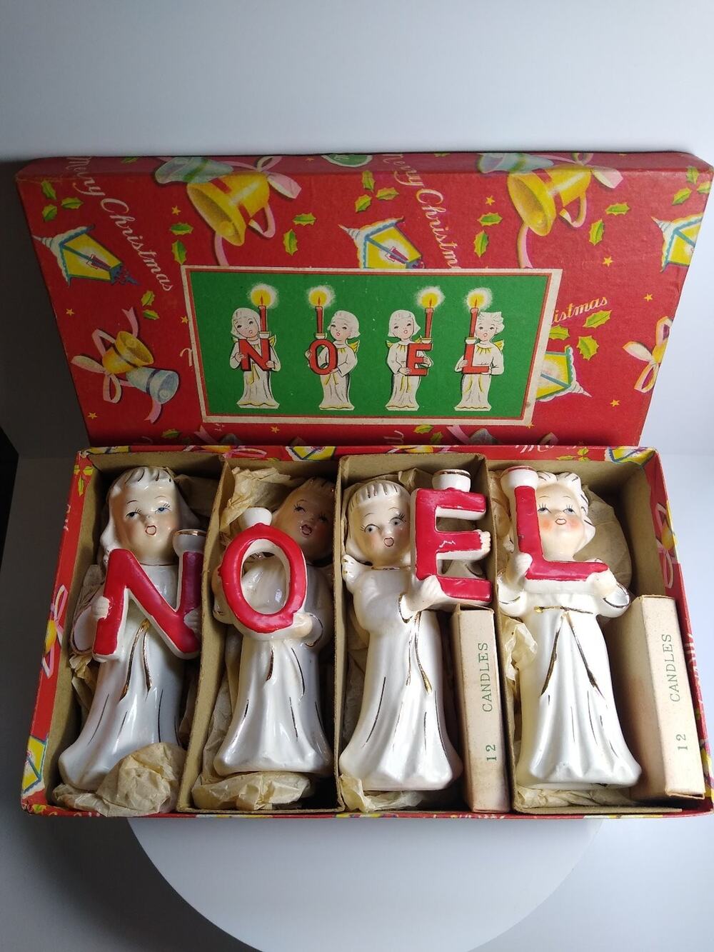 Vintage Ceramic NOEL Angel Figurines Set of 4 Christmas Candle Holders Decor